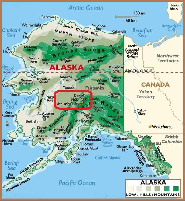 Национальный парк Денали на карте Аляски