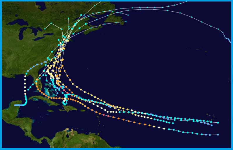 Карта путей ураганов достигших Нью-Йорка